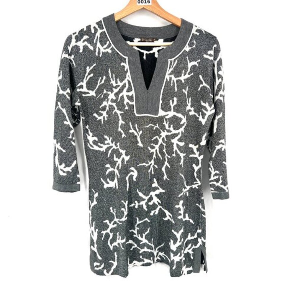 J. McLaughlin metallic tunic sweater‎ Scandinavian twig design stretch silver S - Picture 2 of 8